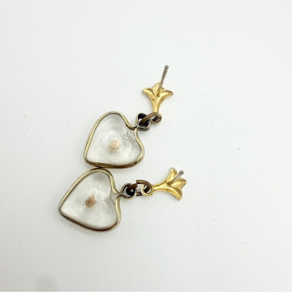 Vintage Gold Heart Drop Earrings with Clear Resin and Floral Detail - Picture 4 of 7